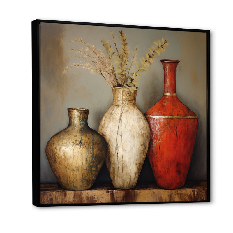 Cottage Vases rouges séchées, fleurs de blé sur toile, H 36 po x l 36 po x P 1,5 po, Cadre flottant noir
