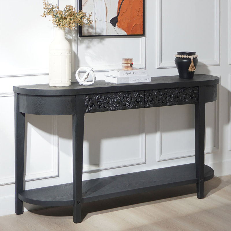 Console 59,2 po en bois sculpté noir avec tiroirs de rangement à tablette inférieure - Élégante décoration décorative pour l'entrée, le salon et le couloir