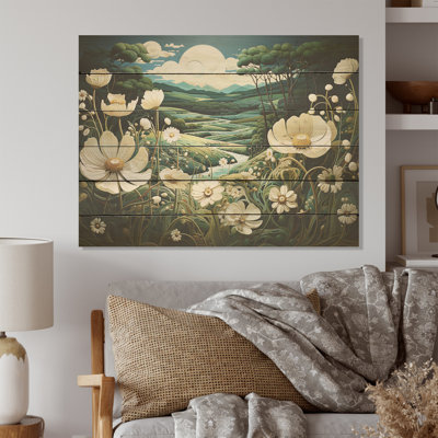 «White Crimson Bloom Garden Serenade I», art mural en bois sur bois de pin naturel