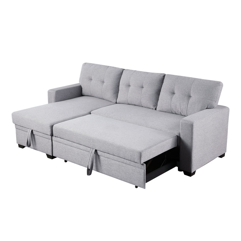 Upholstered Pull Out Sectional Sofa With Chaise, Light Gray Linen
