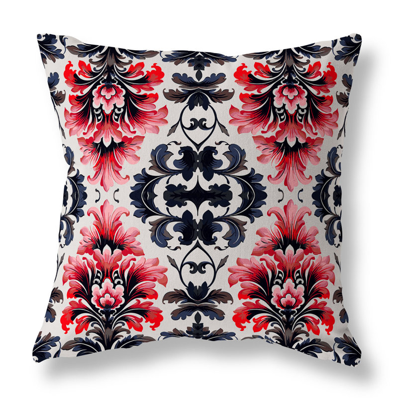 Coussin décoratif réversible intérieur / extérieur Damask Rapture, H 16 po x l 16 po, Rouge / rose / gris