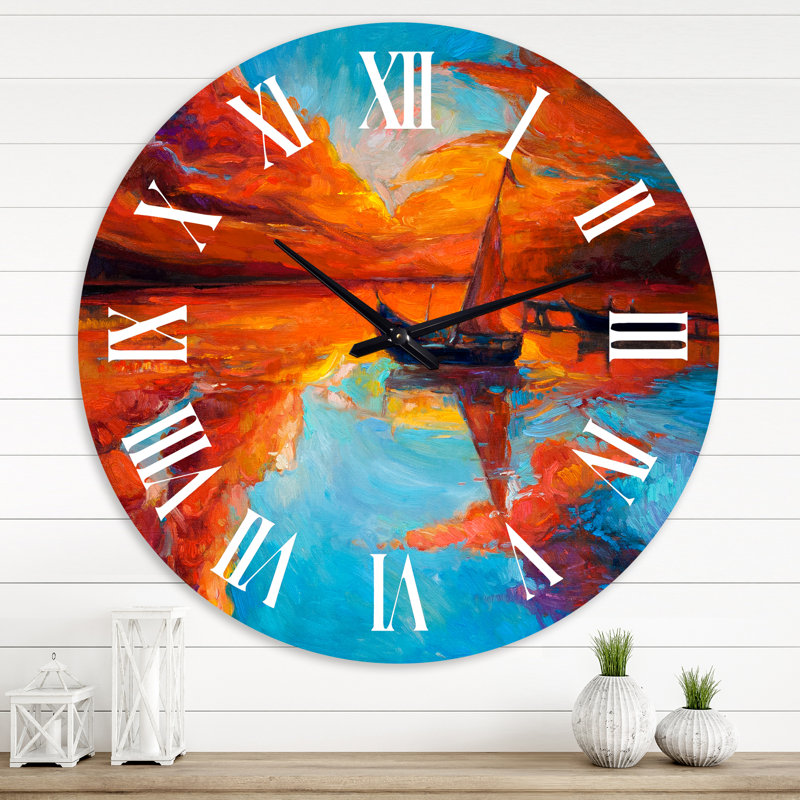 Petit bateau pendant un coucher de soleil rouge foncé - horloge murale nautique et côtière, Grand