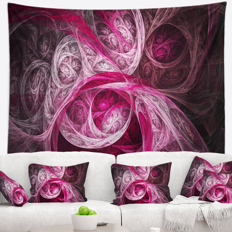 Tapisserie abstraite mystique rose fractale, H 68 po x l 80 po