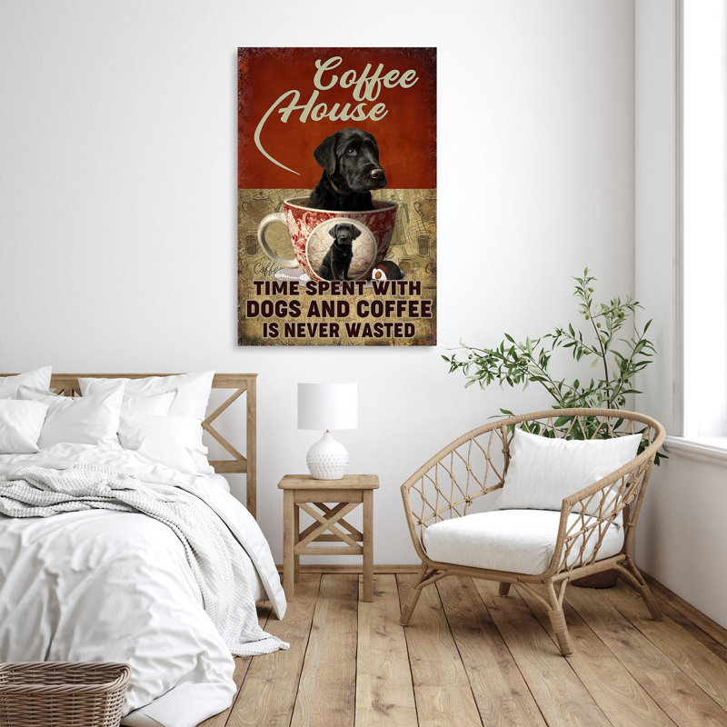 «Coffee House», chien noir sur toile, H 36 po x l 24 po x P 1,25 po