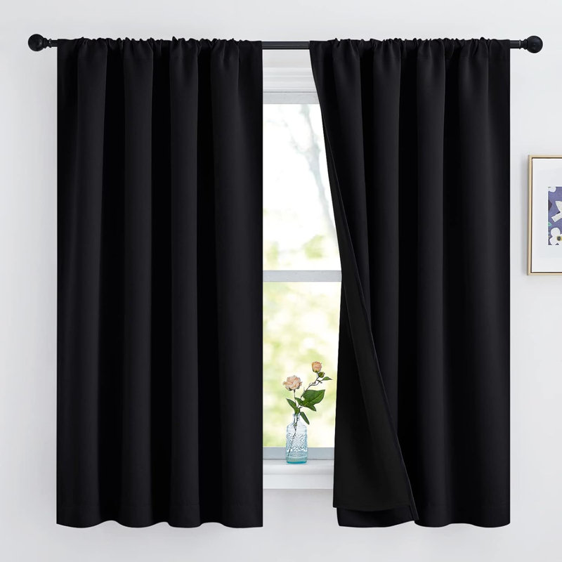 100% Blackout Curtains for Living Room, Privacy Protection & Noise Reducing Drapes, Black Lined Rod Pocket Window Treatment Curtain Panels, Set of 2