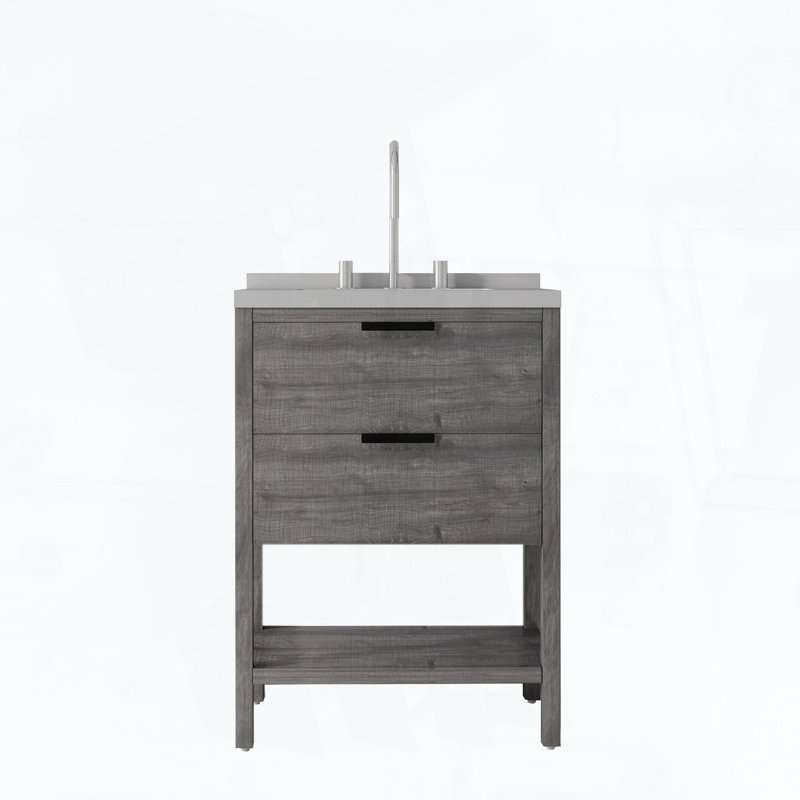 Meuble-lavabo autoportant avec lavabo, tiroir à fermeture amortie et comptoir en marbre reconstitué blanc granit de 5 cm avec dosseret, contreplaqué gris.