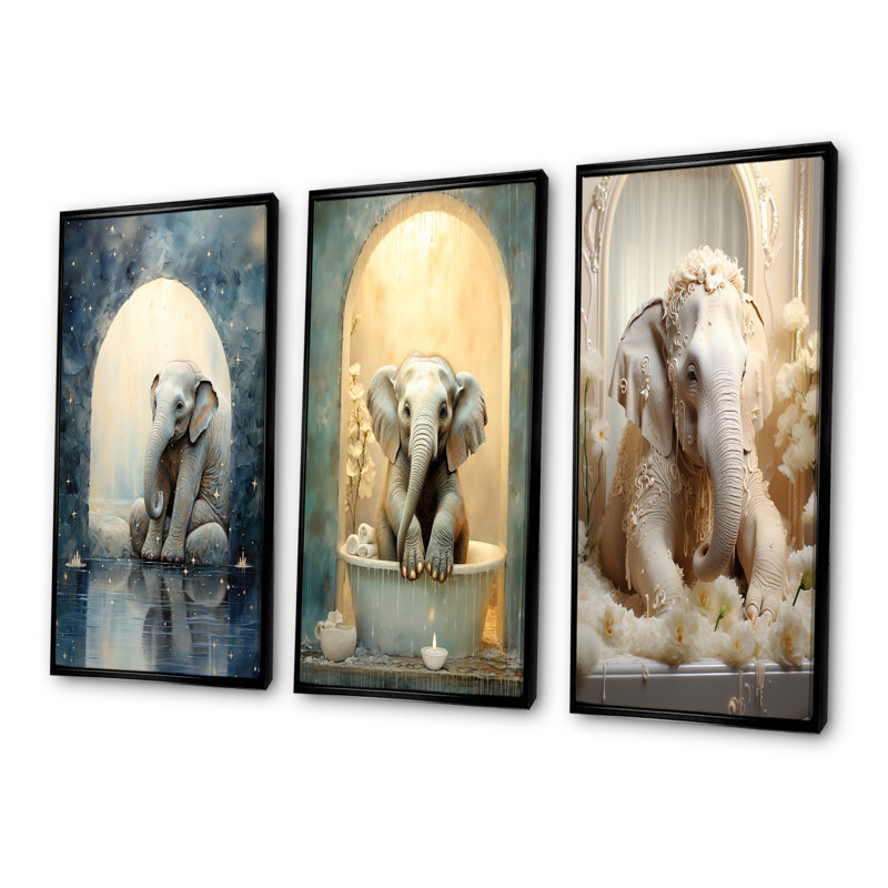 Éléphant de salle de bain, Cadre flottant noir, H 32 po x l 48 po