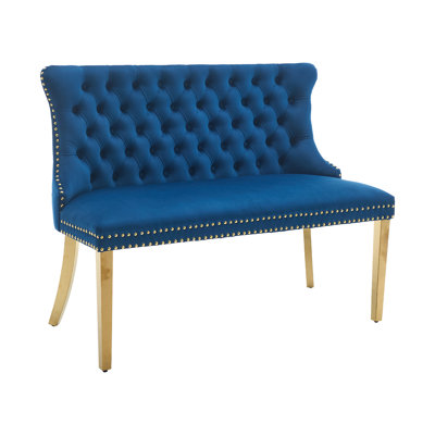 Banc de salle à manger rembourré en velours avec dossier, pieds en acier inoxydable doré et garniture cloutée, bleu