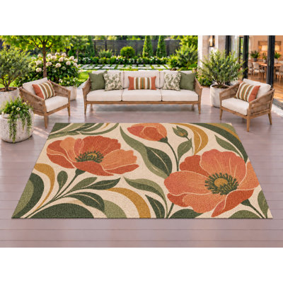 Tapis d'extérieur 5' x 7' à motif de coquelicots, épais, solide, imperméable, en PVC bouclé, tapis de patio résistant, tapis intérieur/extérieur à séchage rapide pour porche, terrasse, balcon, entrée, camping-car.