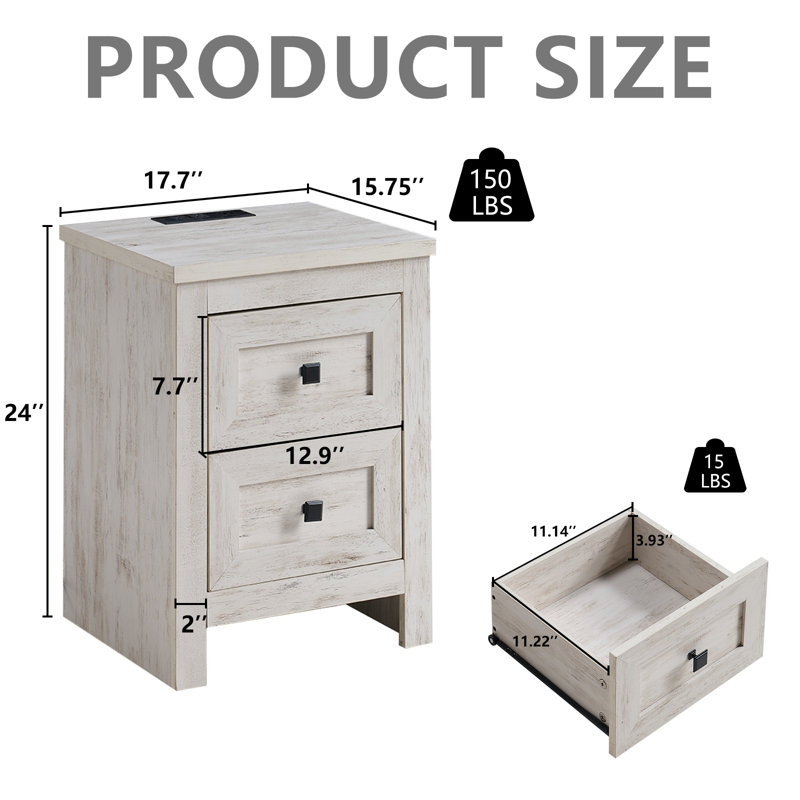 Nightstand With Charging Station, Farmhouse End Table, White