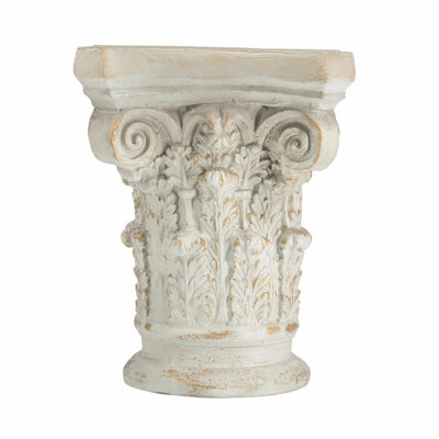 Meuble piédestal orné blanc avec motif à volutes et détails dorés pour patio intérieur et couvert, 14 po x 14 po x 17,5 po