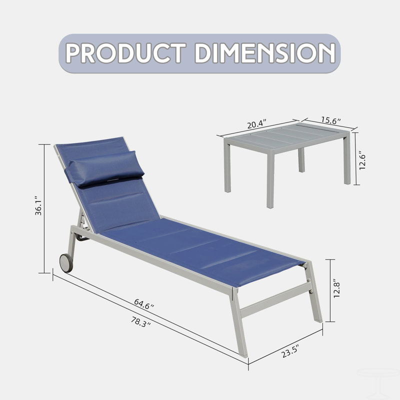 Outdoor Patio Chaise Lounge Set Of 3, Aluminum Pool Lounge Chairs With Side Table And Wheels, PVC-coated polyester Padded Adjustable Recliner All Weather