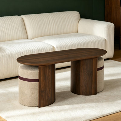Mid Century Modern Oval Wooden Coffee Table Set With 2 Matching Poufs
