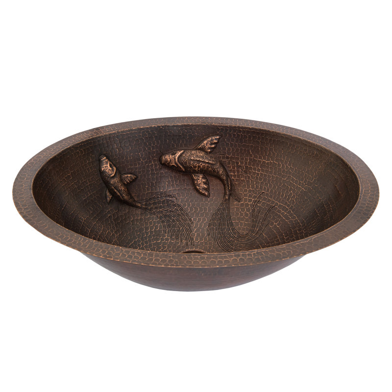 19" Oval Hammered Copper Undermount Sink with Koi Fish Design