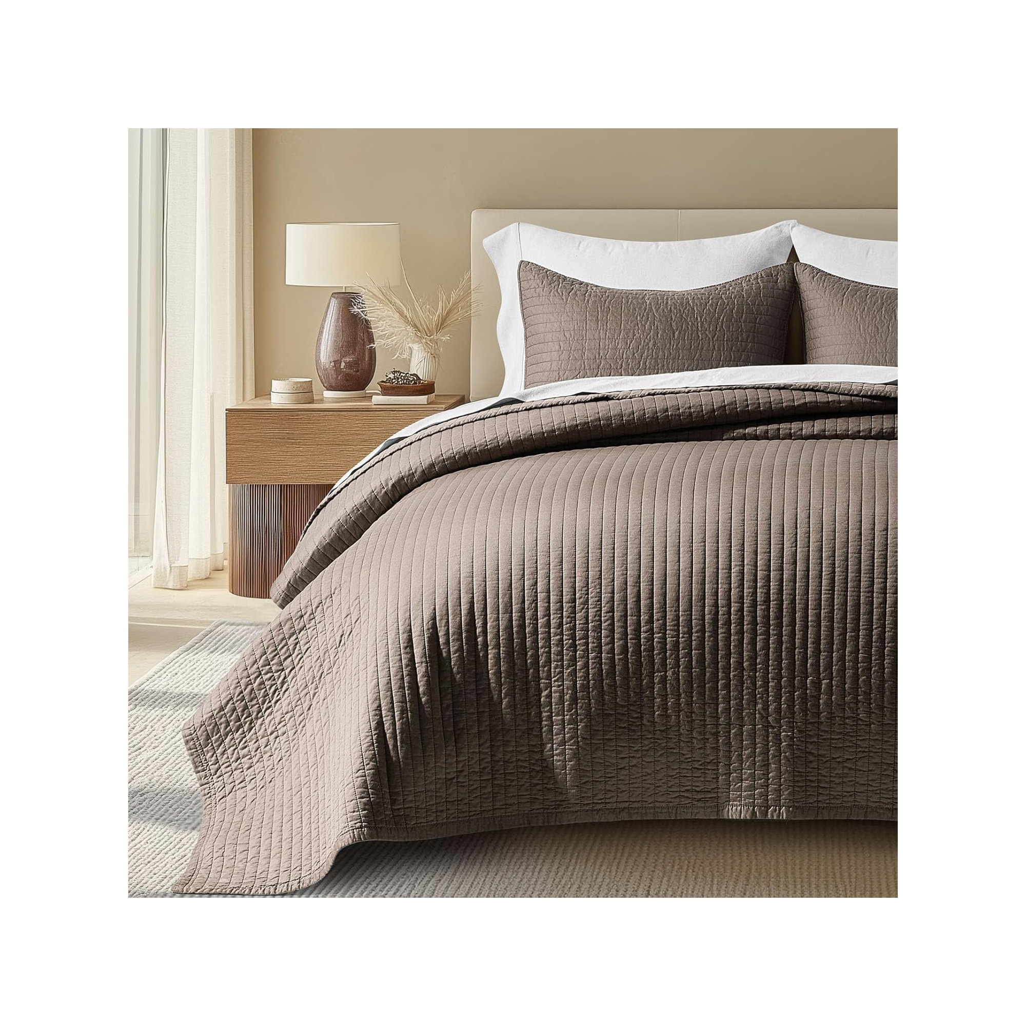 Oversized Cotton Sateen Channel Stitch Quilt Set - 3 Pieces King/Queen Bedding Comforter Set with Pillow Shams, All Season Lightweight Bedspread