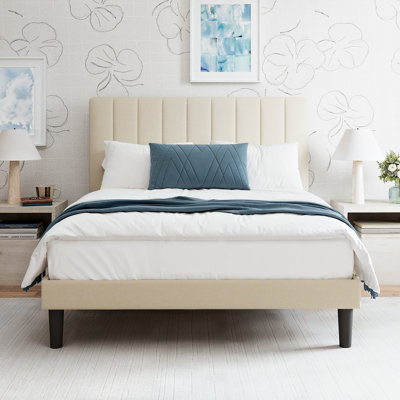 Queen Size Upholstered Platform Bed with Adjustable Headboard and Wooden Slats