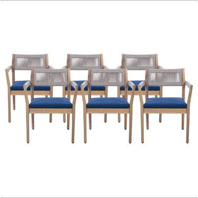 Ensemble de 6 chaises de salle à manger en bois d'acacia tressé d'aspect teck avec corde beige et coussins bleu marine, meubles de patio toutes saisons pour le jardin, la piscine et la cour (durables et élégants)