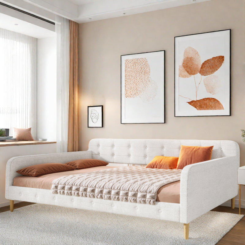 Upholstered Daybed With 4 Support Legs, Beige