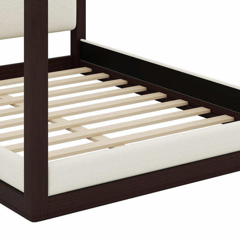 Lit à baldaquin contemporain en bois avec tête de lit tapissier, Espresso, Queen