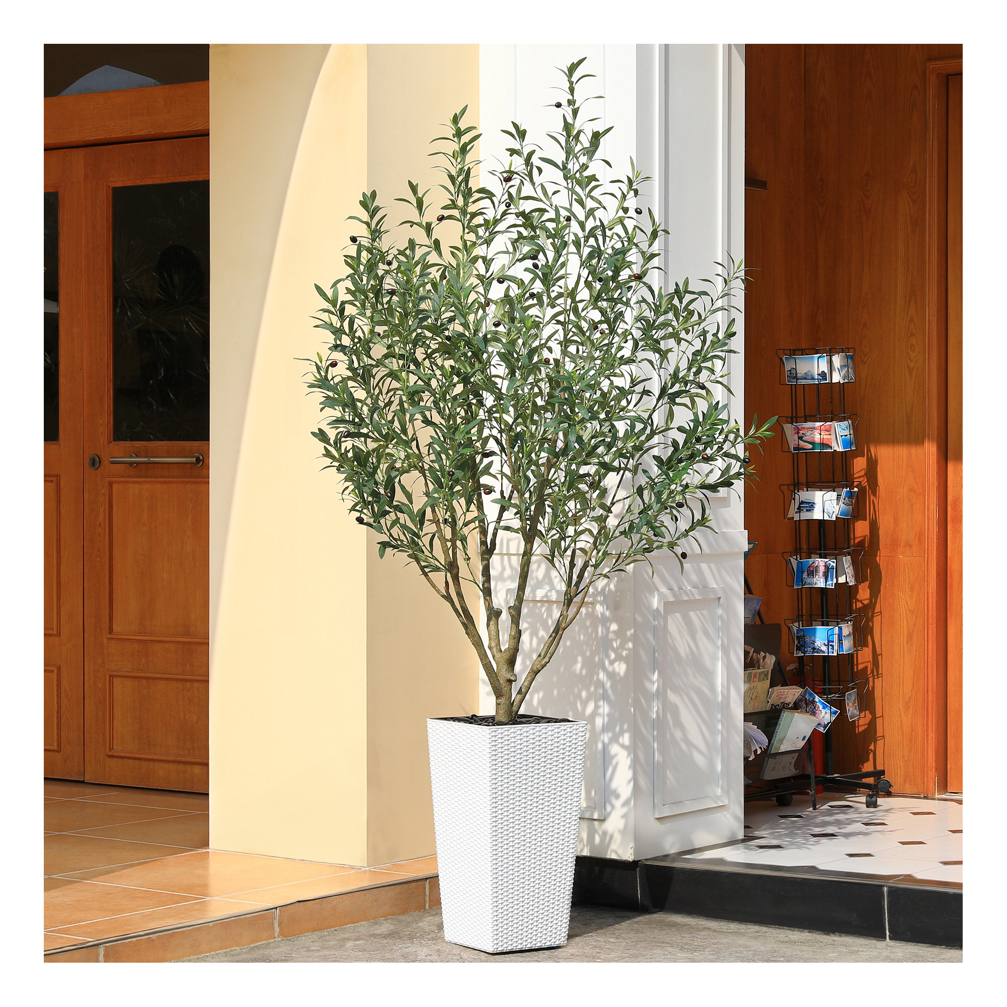 Adcock Faux Olive Tree UV Resistant with Tall Planter, Artificial Olive Tree for Outdoor Indoor, White, 72" H x 24" W x 24" D