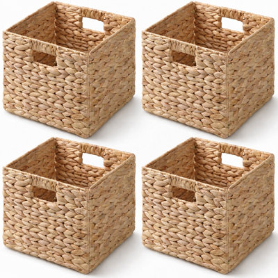 Ensemble de 4 paniers de rangement pliables en jacinthe d'eau SOLHome, naturel, 11,0 po x 11,0 po x 9,8 po, paniers tissés à la main avec poignées découpées - Organisateur de placard, Panier à jouets, Panier de chambre de bébé