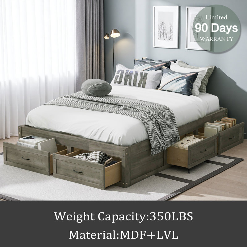 Lit plateforme avec 6 tiroirs de rangement, Gris antique, Lit double