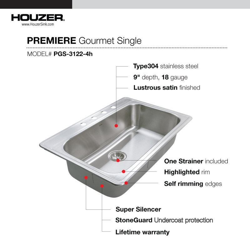 Évier de cuisine à cuve simple en acier inoxydable à 4 trous de 33 po avec crépine Houzer - grille - TGS-3122-4-C