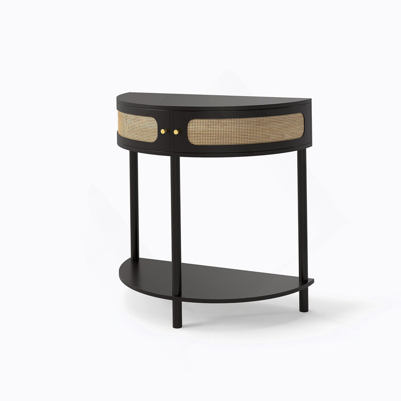 Unique Half Moon Design End Table With Sliding Rattan Door,Elegant Semi-Circle Entryway