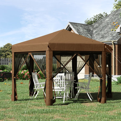 13' X 11' Hexagonal Pop Up Tent, Heavy Duty Outdoor Gazebo. 6 Mesh Sidewall Netting, 3-level Adjustable, Strong Steel, Dark Brown. Suited For Wildlife Viewing Gazebo, Canopy Tent. Adjustable Height,