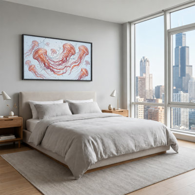 Peach Jellyfish Floating in Light Blue Water Bubbles Canvas Wall Art