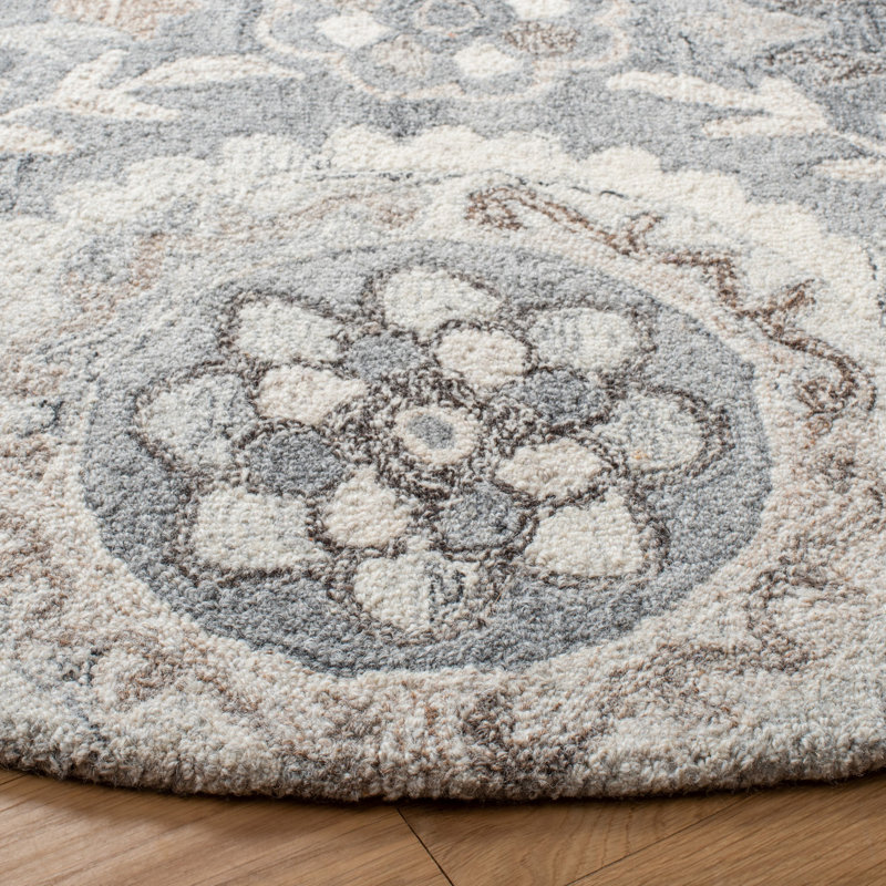 Tapis floral en laine et coton touffeté à la main avec tissu en latex Roussel, Rond 4 pi