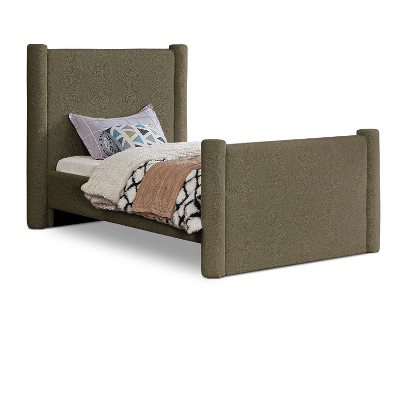 Elias Upholstered Platform Bed, Twin, Olive Green Boucle Fabric