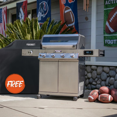 🎖️Monument Grills Smart Denali 405 4-Burner Stainless Steel Propane Gas Grill with Clearview Lid, 60,000 BTU🔥, Bluetooth App Control & LED Knobs📱 – Ideal for Family BBQs🥩