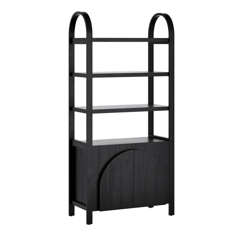 3 Tier Arched Bookshelf With Cabinet Base And Solid Wood Frame, Black Oak