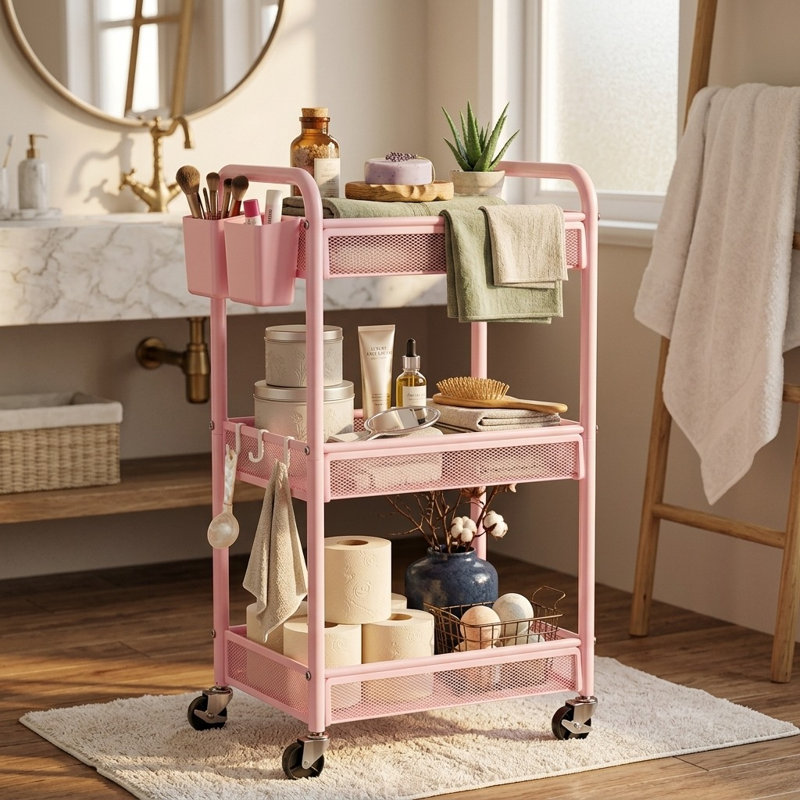 Chariot de rangement à roulettes en métal à 3 niveaux avec tasses suspendues, crochets et panier en filet pour l'art de la cuisine
