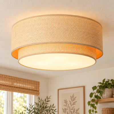 Aurevane 3-Light Dimmable Double Layer Rattan Flush Mount Ceiling Light