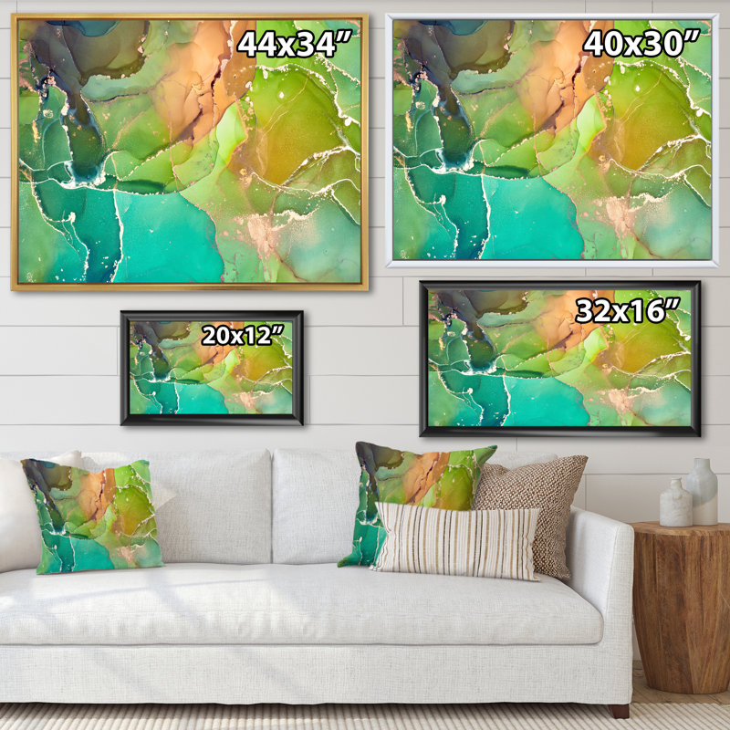Marbre abstrait vert et turquoise - reproduction sur toile, H 34 po x l 44 po, Cadre flottant noir