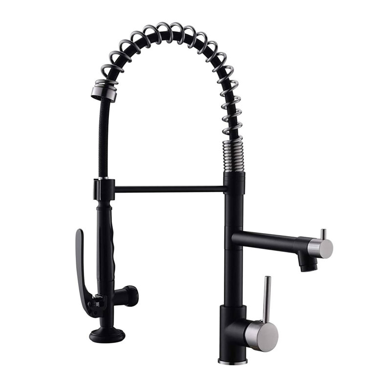 Robinet de cuisine rétractable à poignée double avec accessoires, Noir mat / nickel brossé