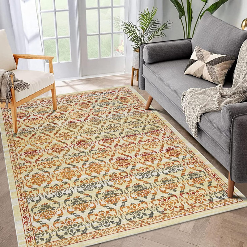 Area Rug Modern Floral Washable Rugs Thin Non Slip Living Room Rug Low Pile Boho Floral Carpet Trellis Distressed Bedroom Rugs for Dining Room Playroom Kitchen Home Office Black