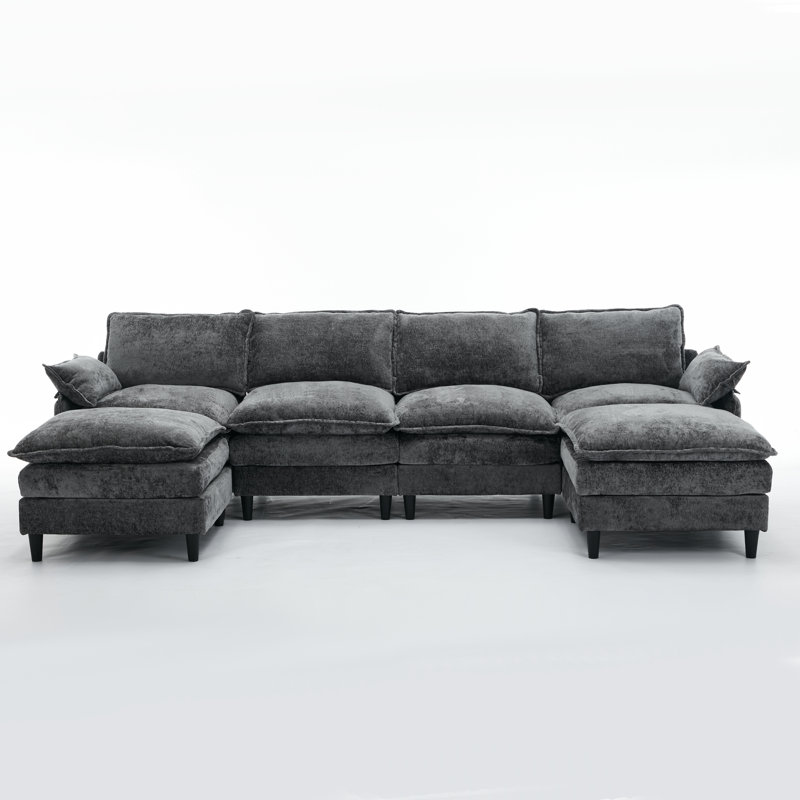 Modular Sofa,U Shaped Cloud Couch Comfy Set ,6-Seater, 2 Armrest Pillows,Convertible Sectional Couch, Living Room,Apartment, (2 Movable Ottoman)