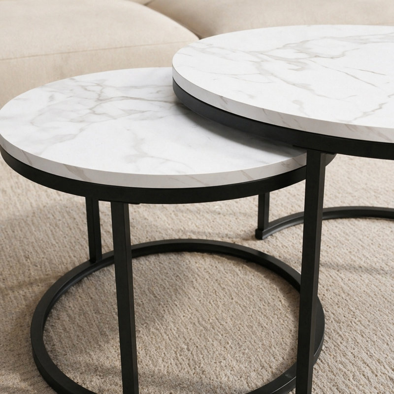 Ensemble de 2 tables basses gigognes, plateau de table rond en bois de 27,6 pouces avec structure en métal robuste, tables d'appoint pour tables de bout de salon et de balcon (blanc)