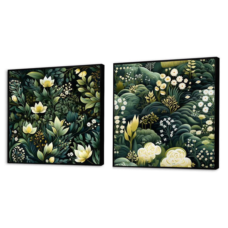 Winchcombe - Ensemble de 2 collages carrés botaniques abstraits, Cadre flottant noir, H 16 po x l 33 po