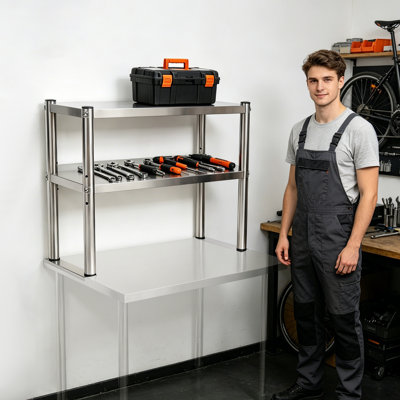 2-Tier Overshelf Stainless Steel Table Storage Rack Height Adjustable Overshelf for Kitchen Restaurant Prep and Work Table Storage