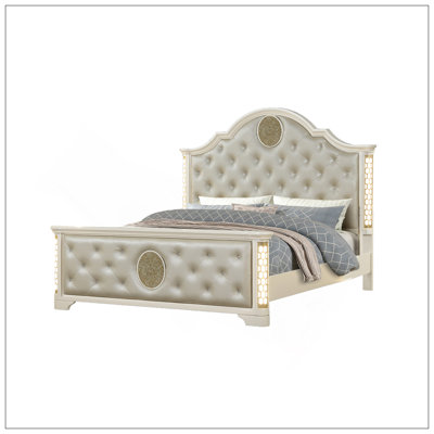 Tufted Upholstery & LED Bed Made With Wood In Beige