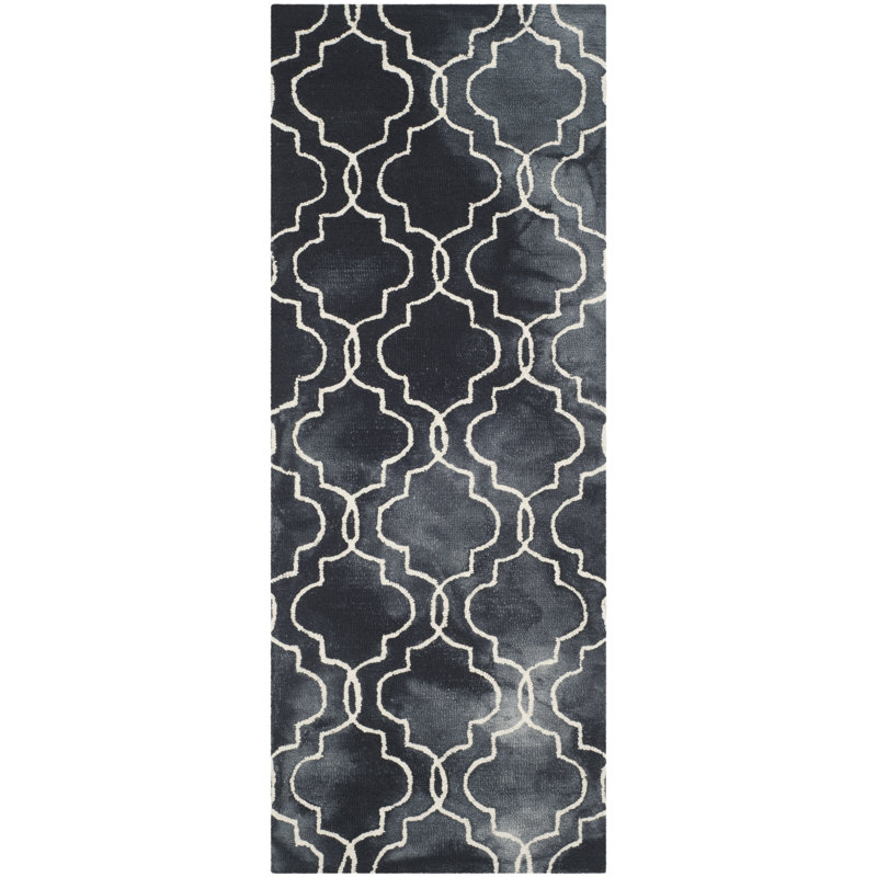 Dennard Hand Tufted Wool/Cotton Geometric Rug in Ivory/Graphite, Runner 2'3" x 8'