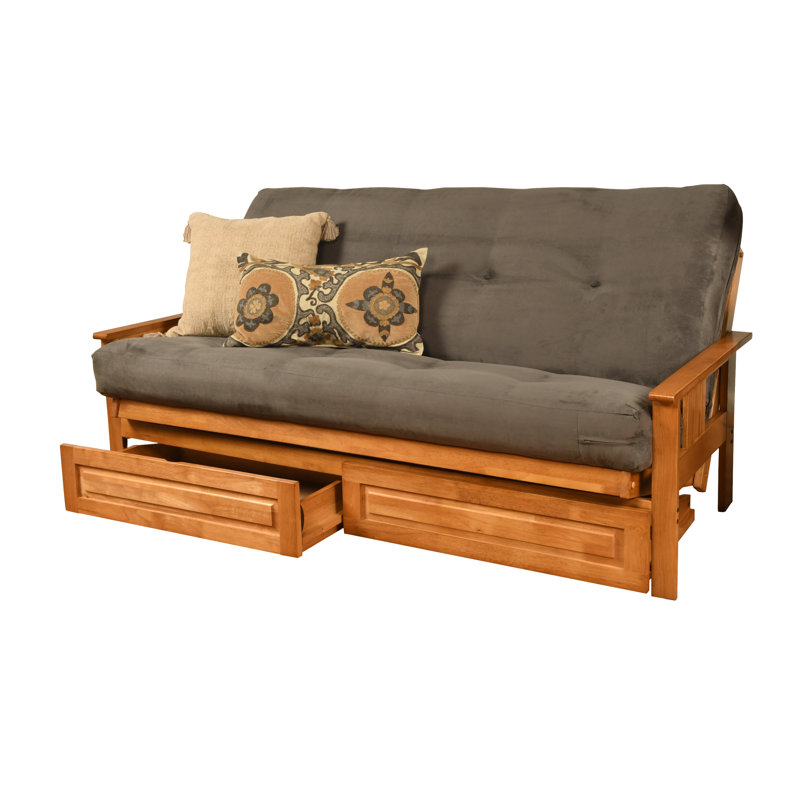 Stratford 86" Queen Futon and Mattress with Drawer set, Gray Microsuede, Butternut, Premium Pocket Coil