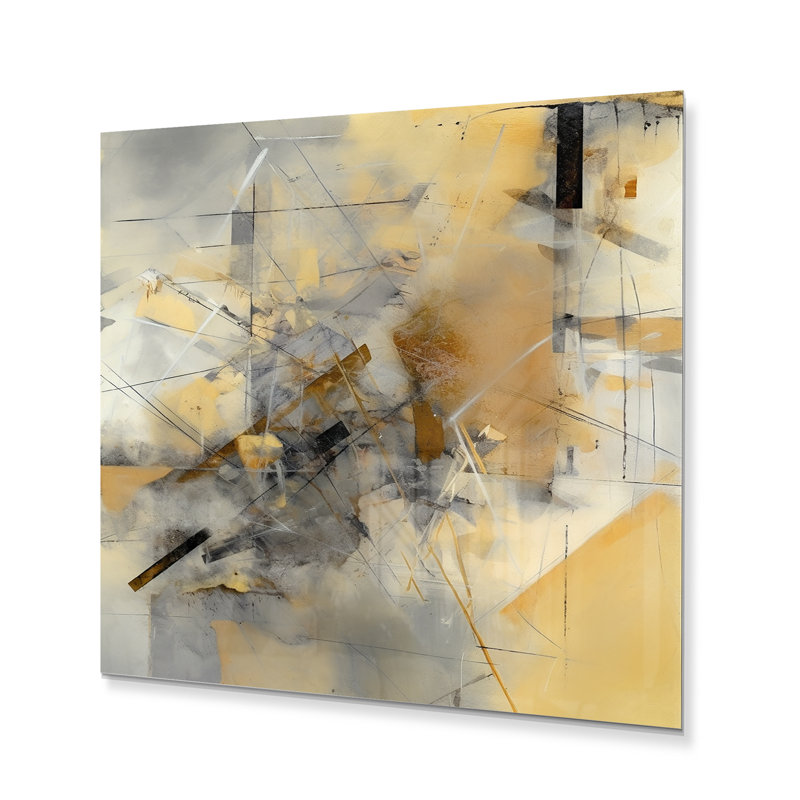 Jaune et gris au-delà de la toile II - peinture abstraite, art mural en métal, H 23 po x l 23 po x P 1 po
