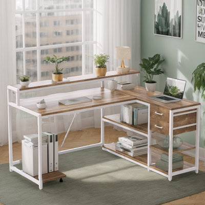 Bureau en L réversible, bureau d'angle industriel avec tiroir et tablettes