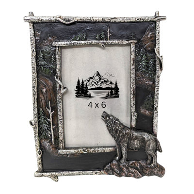 Resin Rustic Nature Photo Frame With Wolf Accent  Faux Branch Tabletop Decor Unique Woodland Picture Frame For Wildlife Photos