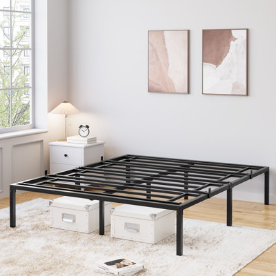 Base de lit plateforme robuste en métal noir, aucun sommier requis, base de lit silencieuse avec rangement sous le lit, compatible avec la tête de lit